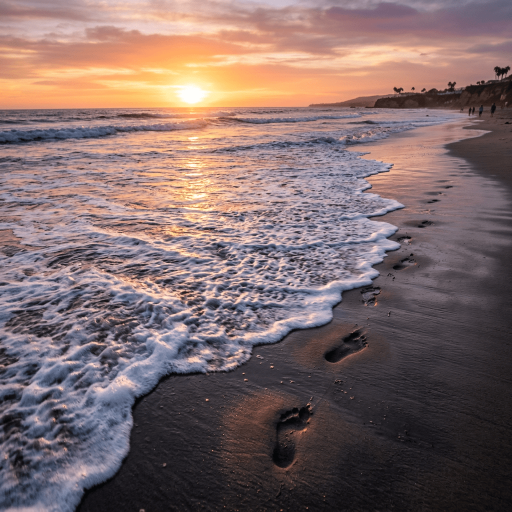 Footprints along the wet sandy beach near incoming waves at sunset