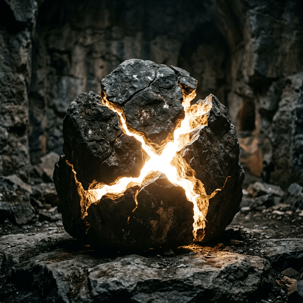 Large cracked rock with bright glowing light shining from inside