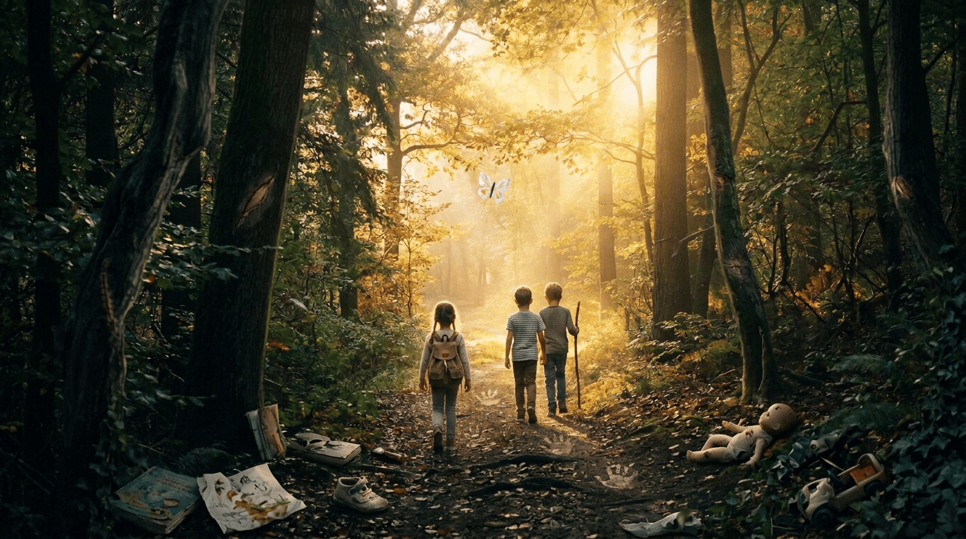 Sunlit dirt trail winding through a dense autumn forest