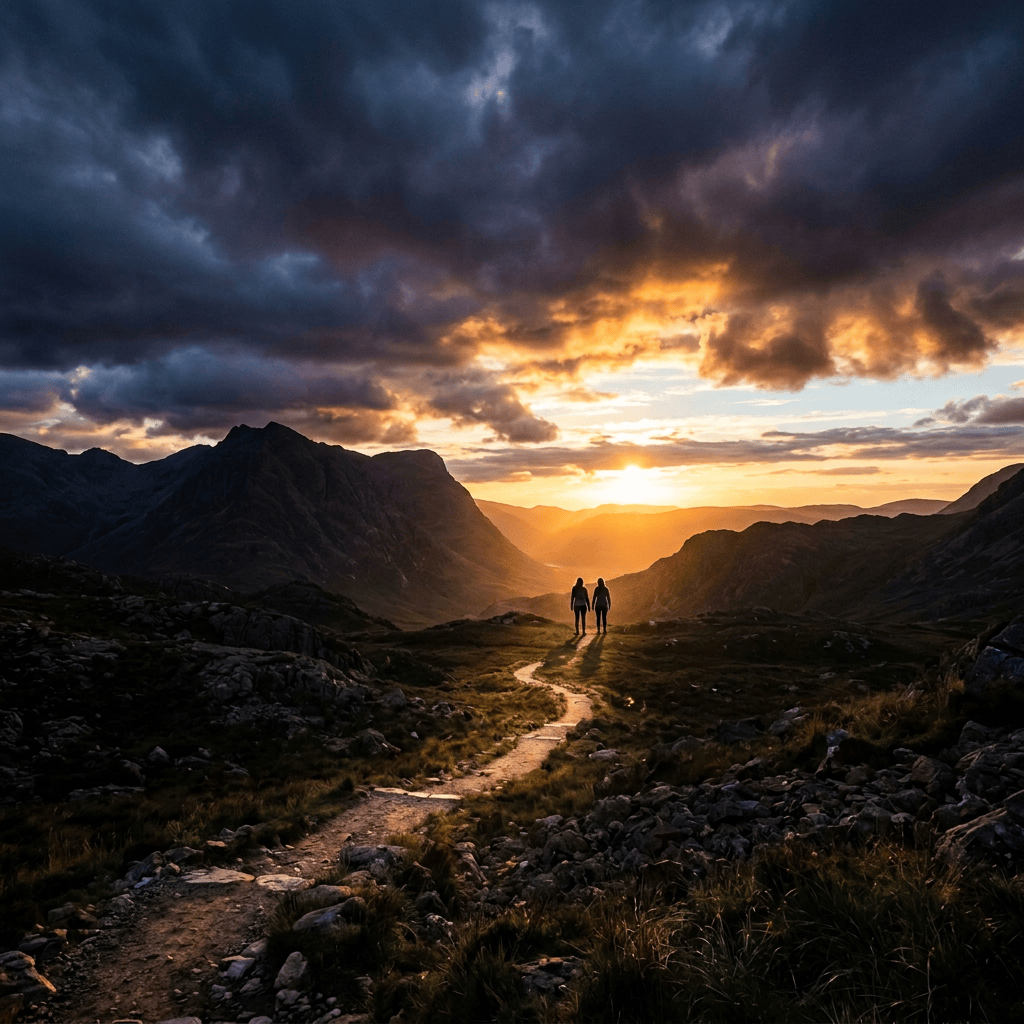 Winding trail through rocky mountains toward a glowing sunset