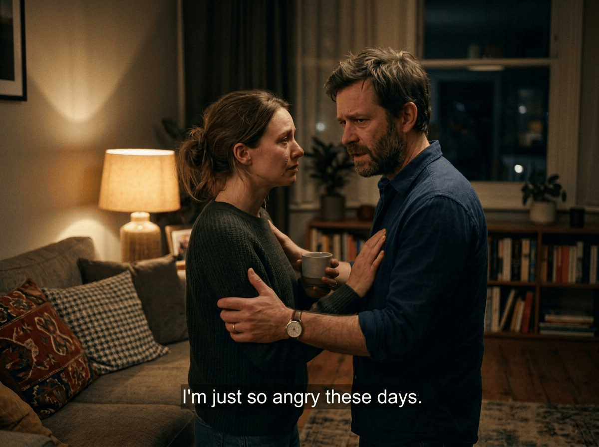 Man expressing recent anger to his wife